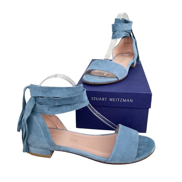 Stuart Weitzman Corbata Blue Suede Lace-Up Sandals - Picture 8 of 9
